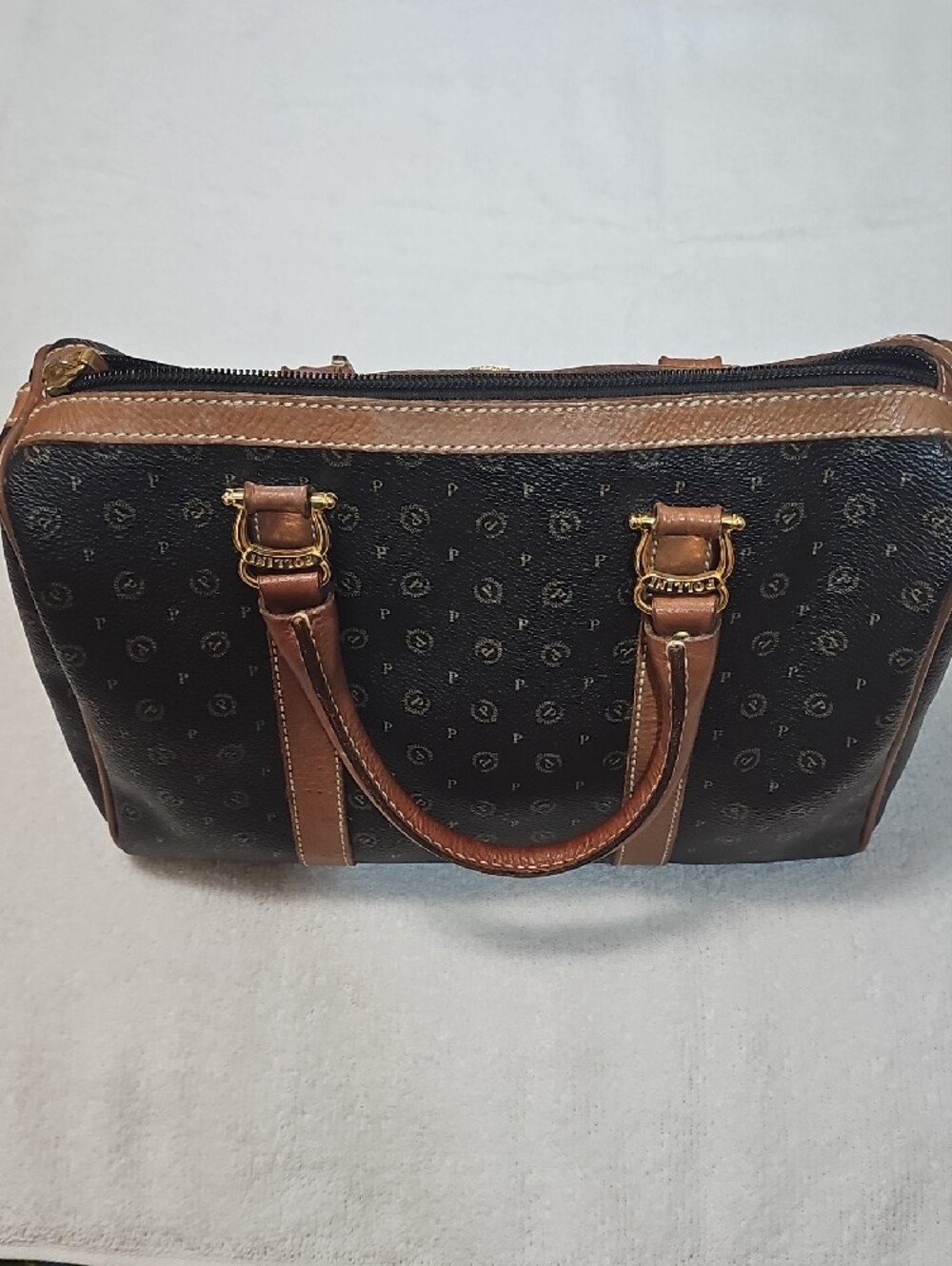 Vintage Pollini Black Monogram Satchel with Brown Trim - Picture 5 of 10